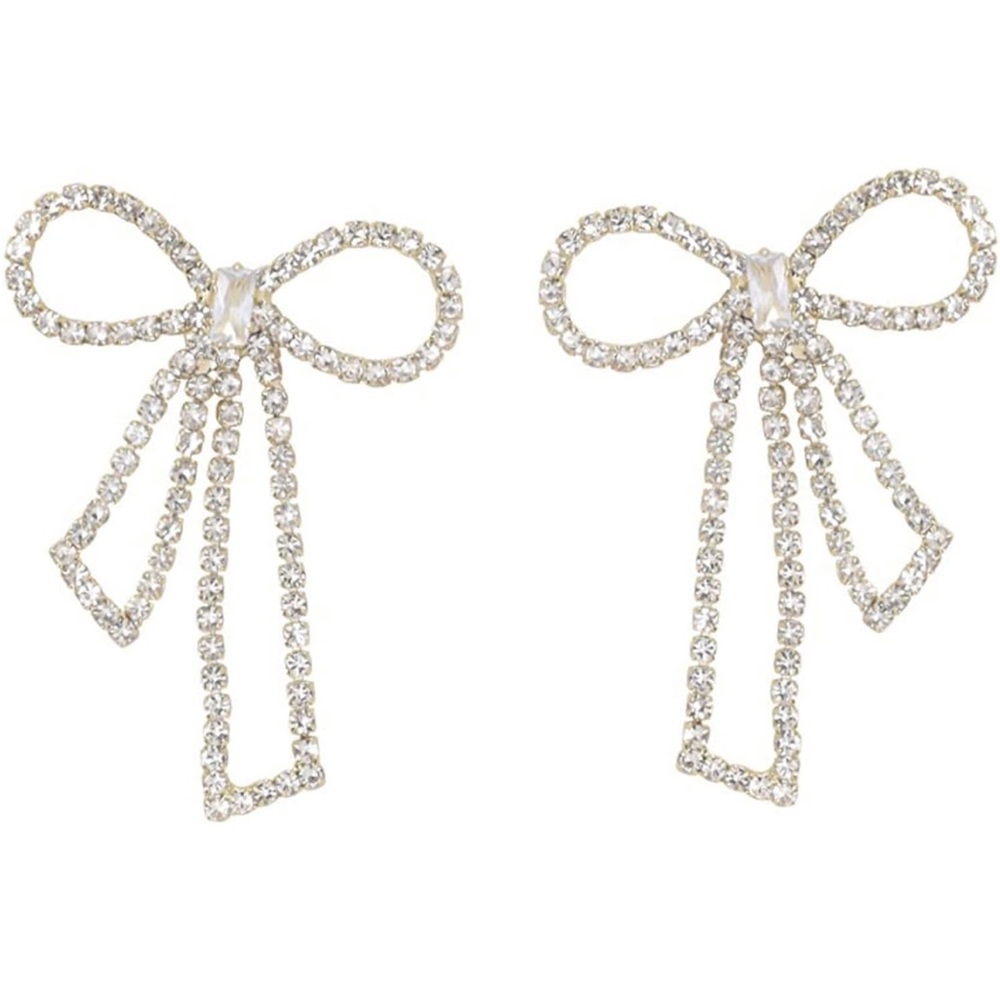 Silver Needle Crystal Bow Earrings
